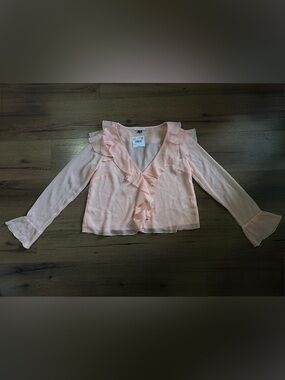 NWT Sz Small American Eagle Chiffon Bell Sleeve Ruffle Blouse (Light Pink)